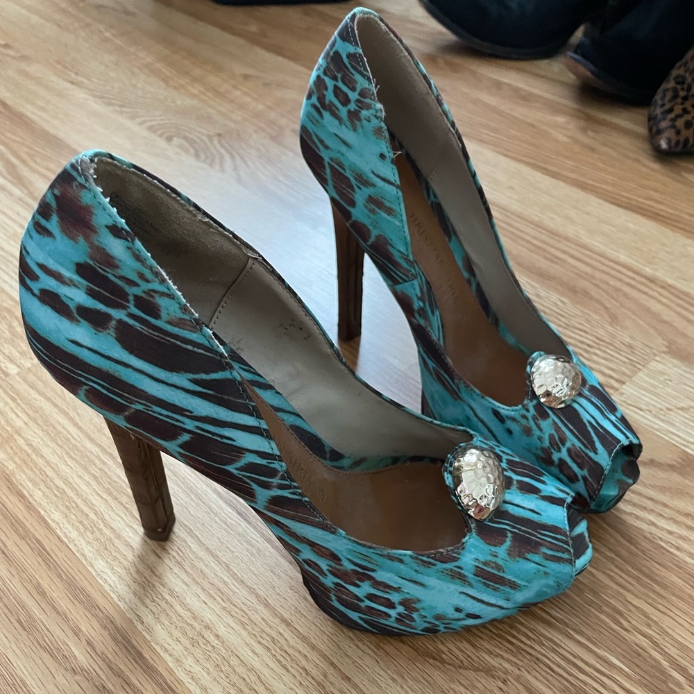 Teal & brown satin Christian Siriano platforms sz 8